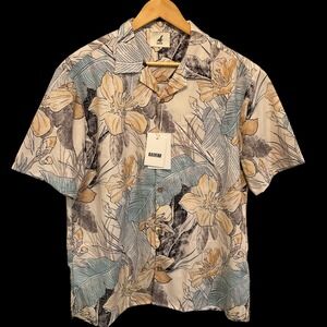 NWT Kalvero Mens Linen Cotton Tropical Button Down Shirt Tan Blue Medium NWT